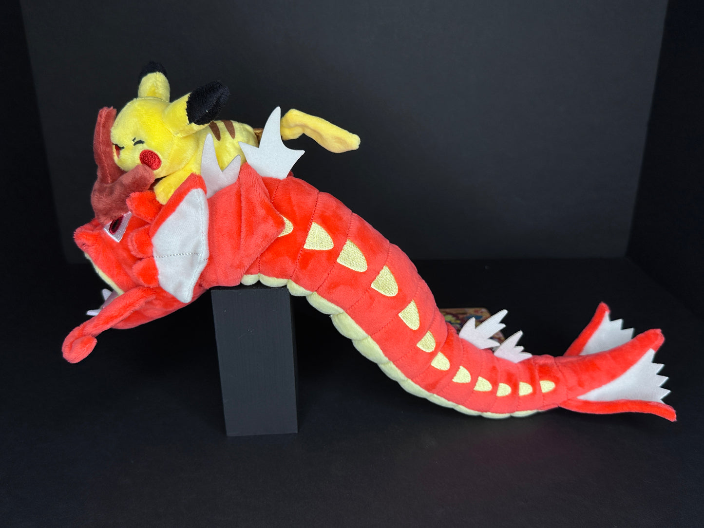 Pikachu on Shiny Gyarados Plush - Pokémon Center Hiroshima Exclusive